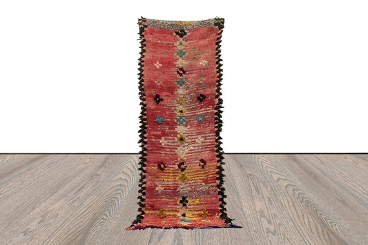 Vintage Moroccan Berber worn rug, 2x7 faded red narrow runner rugs.