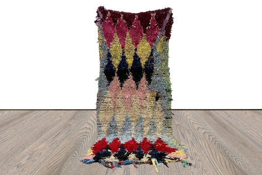 Boucherouite Moroccan Diamond 3x8 ft Shag Rug, Vintage colorful area Rugs.