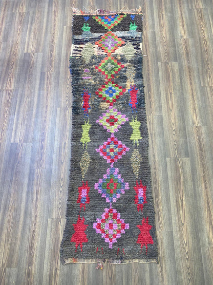 2x8 Boucherouite narrow runner Rug, Moroccan woven Berber checker Rugs.