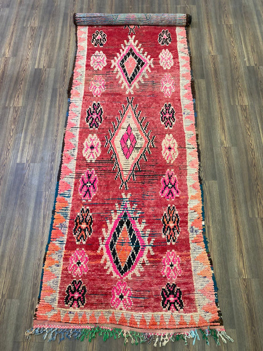 Extra long runner Moroccan Rug, 3x13 Berber Handwoven vintage red Rug.