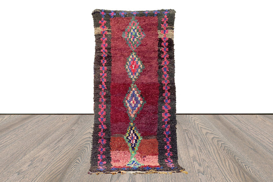 Boucherouite shag runner Rugs, 3x6.5 Moroccan Berber Hand Woven vintage Colored Rug.