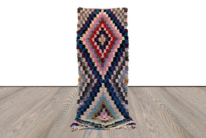 Runner Boucherouite Checkered Rug, 3x8 Moroccan Berber colorful old Rugs.