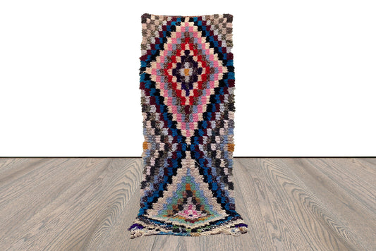 Runner Boucherouite Checkered Rug, 3x8 Moroccan Berber colorful old Rugs.