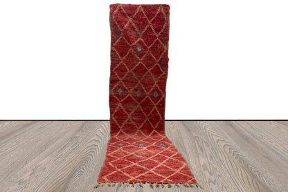 3 By 12 ft Moroccan vintage Diamond faded red and white Extra Long runner rugs, Berber unique Rugs