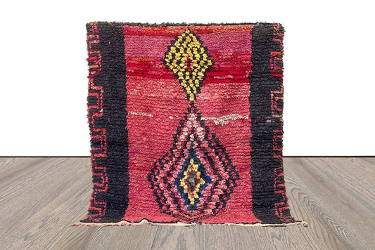 Boucherouite vintage Moroccan handwoven rugs, 5x5 Berber shag Rug.