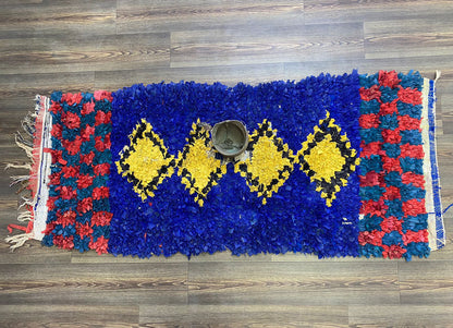 3x7 Boucherouite Narrow vintage runner Rugs, Moroccan Handwoven Recycled Materials Rug.