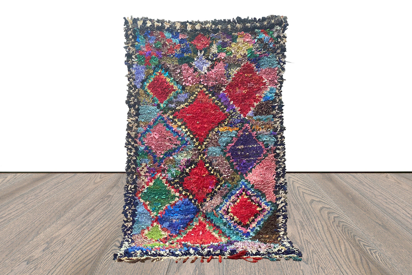 Old Rare Vintage Unique Berber Rug, 4x7, Moroccan rug - Used Diamond Woven Shag Rug.