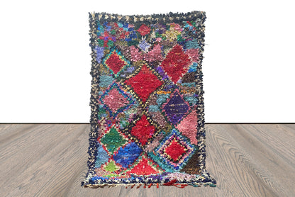 Old Rare Vintage Unique Berber Rug, 4x7, Moroccan rug - Used Diamond Woven Shag Rug.
