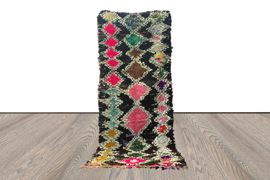 Handwoven Vintage Boucherouite runner Rug, Moroccan Diamond Old Rare Unique Rugs 4x9.