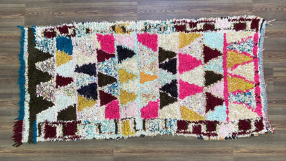 Runner Boucherouite vintage rug, 3x7 FT, Berber Moroccan Handwoven unique colored Rug.