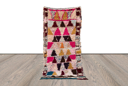 Runner Boucherouite vintage rug, 3x7 FT, Berber Moroccan Handwoven unique colored Rug.