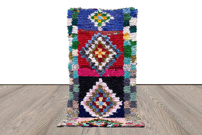 Vintage Unique Old Rare Moroccan woven Boucherouite small Rugs, 3 By 6 Berber shag runner Rug.
