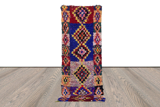 Tapis de couloir étroit Boucherouite 2x7, tapis de couloir berbère marocain vintage.