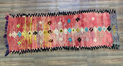 Vintage Moroccan Berber worn rug, 2x7 faded red narrow runner rugs.