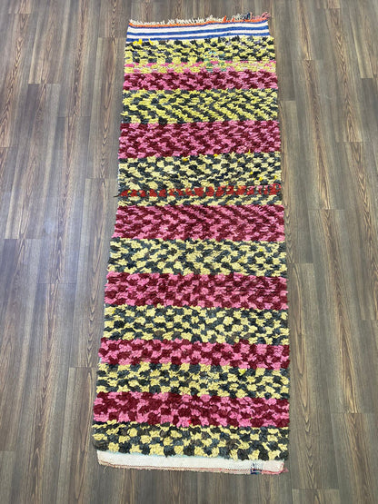 3x8 Checkered colorful Vintage Boucherouite runner Rugs, Moroccan Berber checker Rug.
