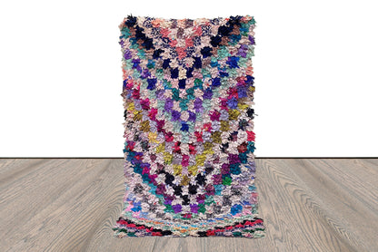 3x6 Morrocan Boucherouite vintage checkered  small runner Rugs, Berber colorful small Rug.
