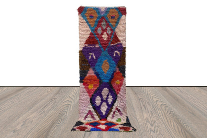 Moroccan Vintage rug, 3x7 FT, narrow Boucherouite colorful runner Rugs, Diamond colored Shag Rug.