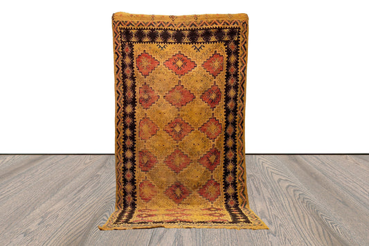 4x9 Vintage Moroccan Yellow Rugs,  Large runner Rug.