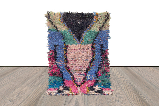 Vintage Small Boucherouite narrow runner Rug. 3x5 Moroccan Handwoven Berber Rugs.
