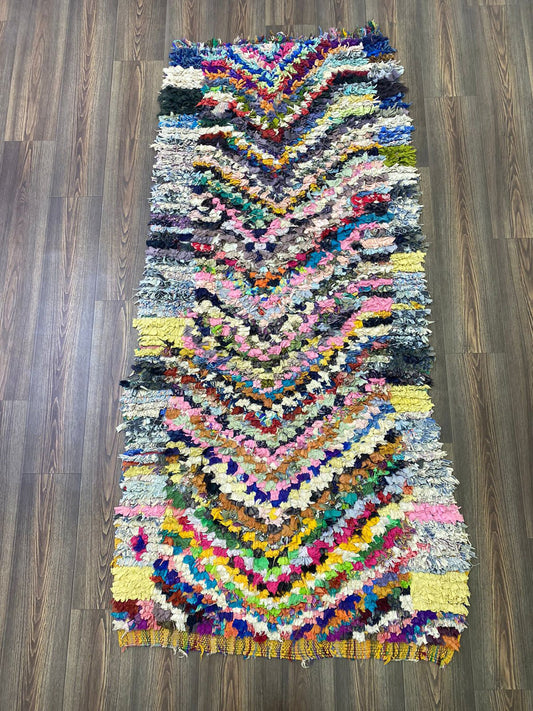 Boucherouite rug, 3.6x7 FT, checkered Moroccan Handwoven area Rug. Moroccan Tribal chevron vintage Rug.