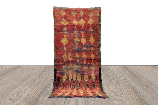 4x9 Moroccan Berber vintage Faded Red and Yellow Diamond Rug.