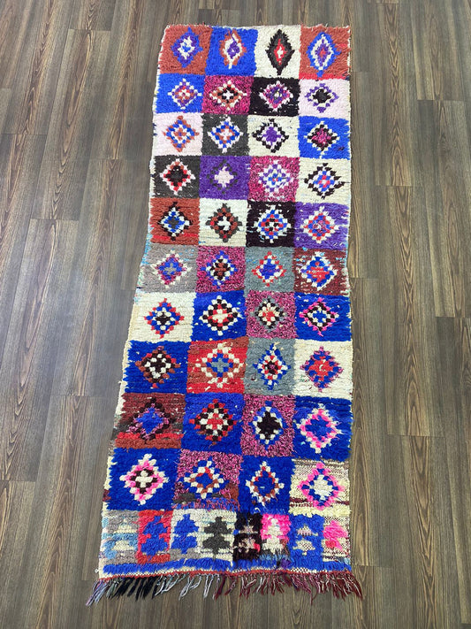Tapis de couloir étroit vintage à grille berbère 3x8, tapis de couleur vintage tissé à la main.