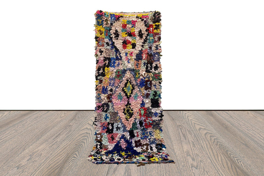 Moroccan vintage Colorful shag runner Boucherouite rug 3x8.