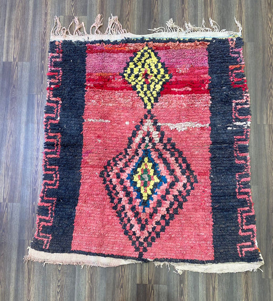Boucherouite vintage Moroccan handwoven rugs, 5x5 Berber shag Rug.