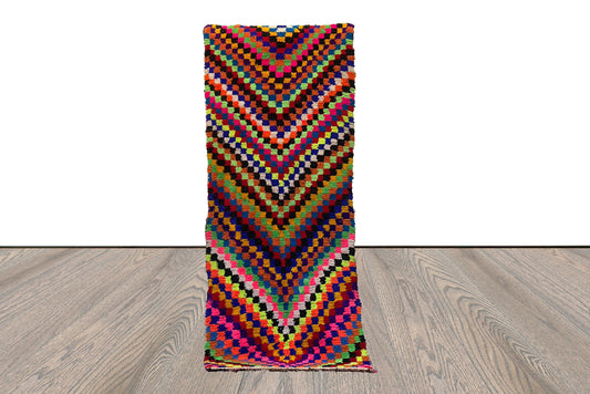 Moroccan Berber vintage handwoven checkered colorful runner rug. 3x7 ft.