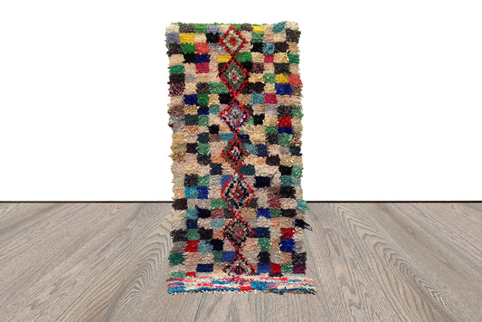 Moroccan Vintage Checkered Runners Rugs, Berber Boucherouite runner Rug 3x8.