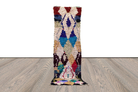 Boucherouite Vintage Colorful Diamond runner Rugs, Moroccan NARROW colored Shag Rug. 2x9 feet.