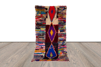 vintage Moroccan small Berber runner rug, 3x6 handwoven striped and diamond colored old rugs.