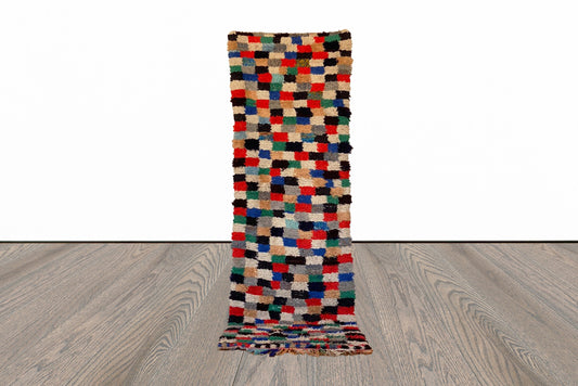 Moroccan Checkered Vintage Narrow runner Rug 3x8.