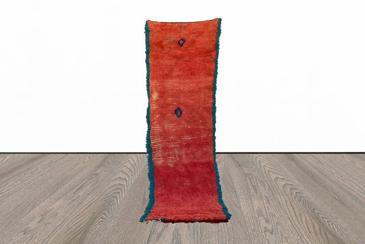 Vintage Berber Moroccan runner Rug, 3x8 Red and Blue woven NARROW Rug.