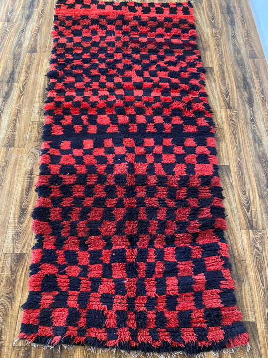 Large Moroccan checkered Red and Black vintage runner Rug 4x10.