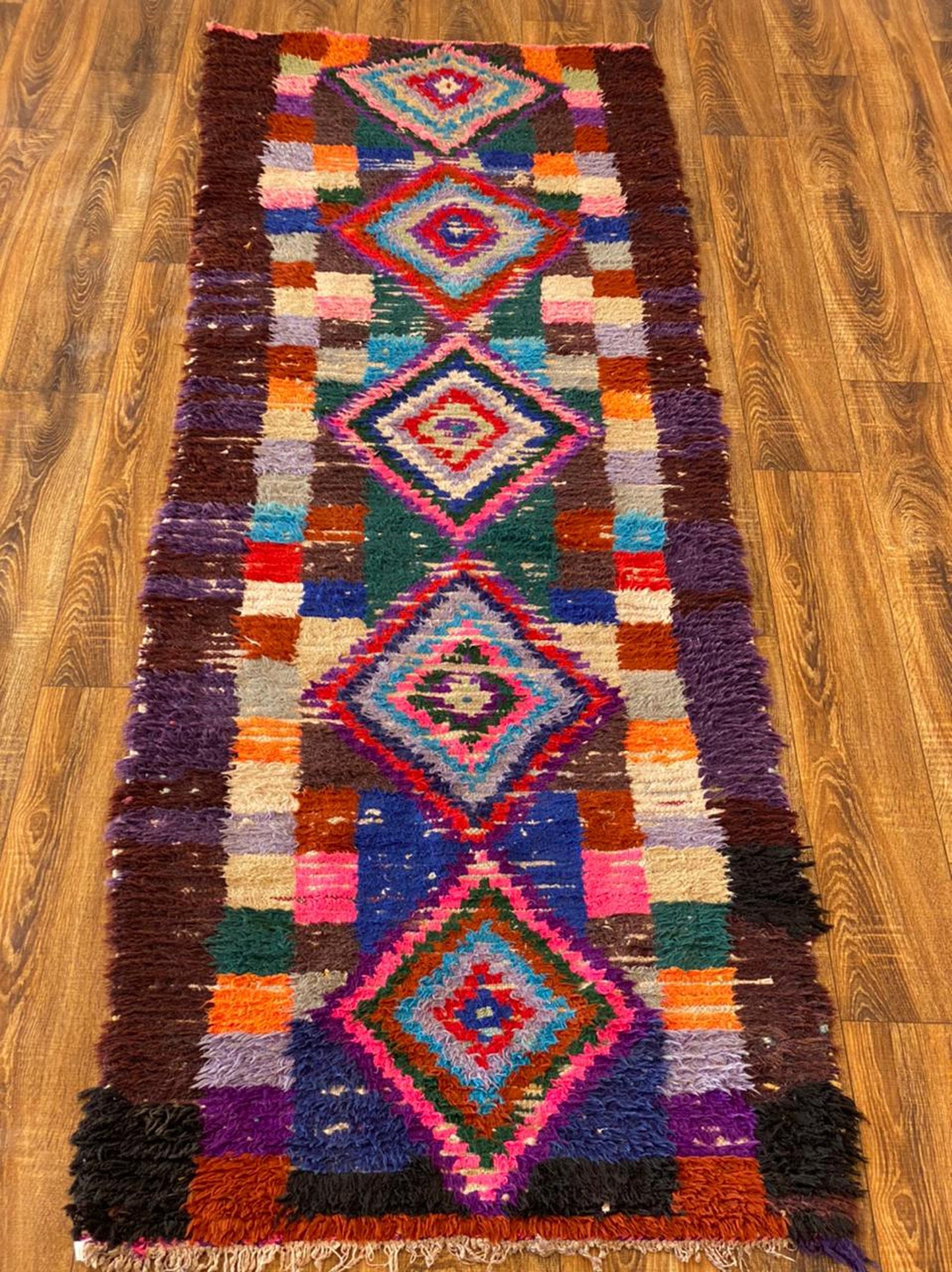 Colorful Moroccan Narrow runner Rug, Berber Handwoven Shag Rug 3x8.