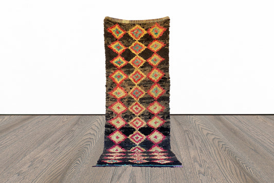 Boucherouite Moroccan Black Rugs 4x11. Vintage Berber Long runner Rug.