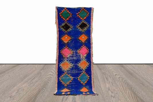 7x3 Vintage Moroccan Blue Berber Runner Rug.