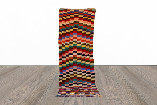 Vintage Checker runner Rug, 3x9 Moroccan Berber runners Rug.