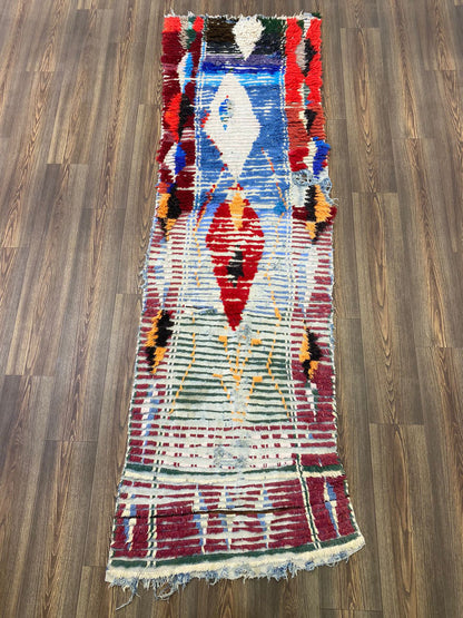 3x9 Berber Vintage Handwoven long runner Rug, Moroccan Old Rug.