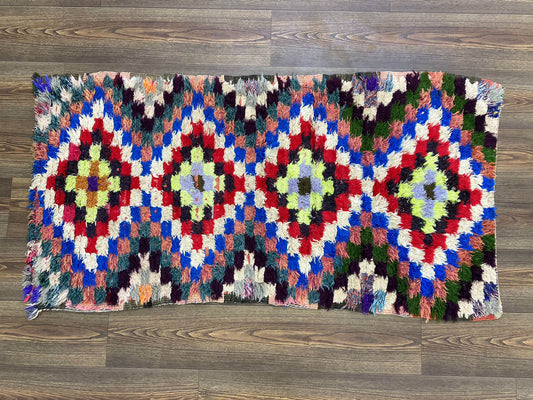 Checkered Small narrow Moroccan runner rug, 3x5 Vintage colorful runners Rug.