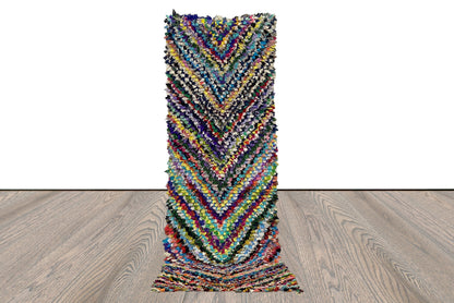 Boucherouite Vintage colorful narrow runner Rugs, 3x9 Moroccan checker chevron Rug.