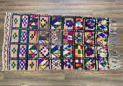 Morrocan Small vintage Grid Rug 3x6, Berber colorful area Rug.