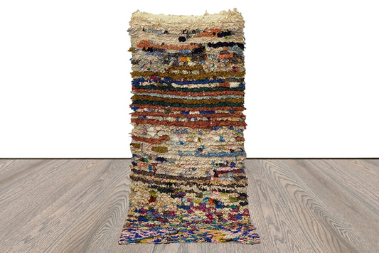 Morrocan Berber Boucherouite colorful runner Rug, 3x8 Vintage Handwoven shag Rug.