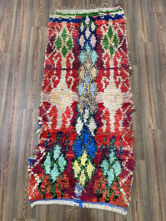 Tapis shag tissé à la main vintage 3x7, tapis de couloir berbère marocain coloré Boucherouite.