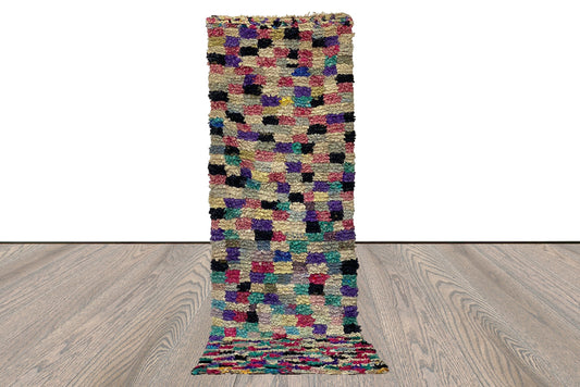 Tapis de couloir Boucherouite étroit vintage coloré 3x10, tapis Shag marocain de couleur damier.