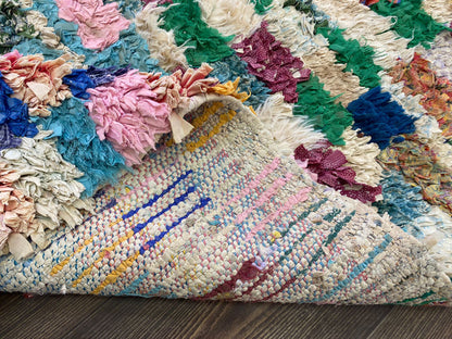 Boucherouite Vintage Rug, 3x7 Moroccan woven checkered shag Rug.