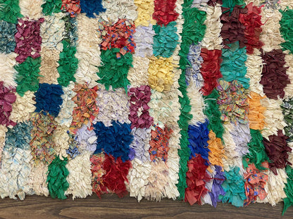 Boucherouite Vintage Rug, 3x7 Moroccan woven checkered shag Rug.