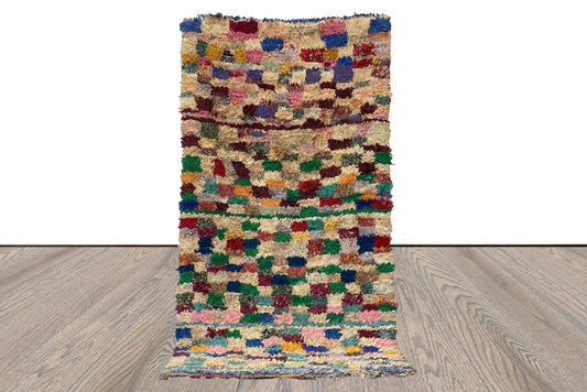Boucherouite Vintage Rug, 3x7 Moroccan woven checkered shag Rug.