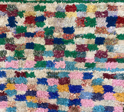 Boucherouite Vintage Rug, 3x7 Moroccan woven checkered shag Rug.